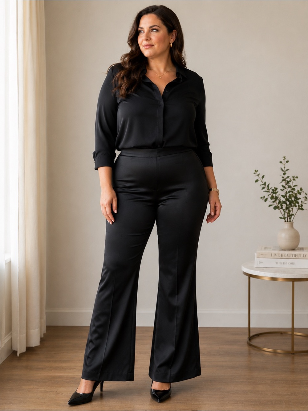 Banana Republic Satin Wide-Leg Pant 14L Black Flare Modern Glam Minimalist Chic